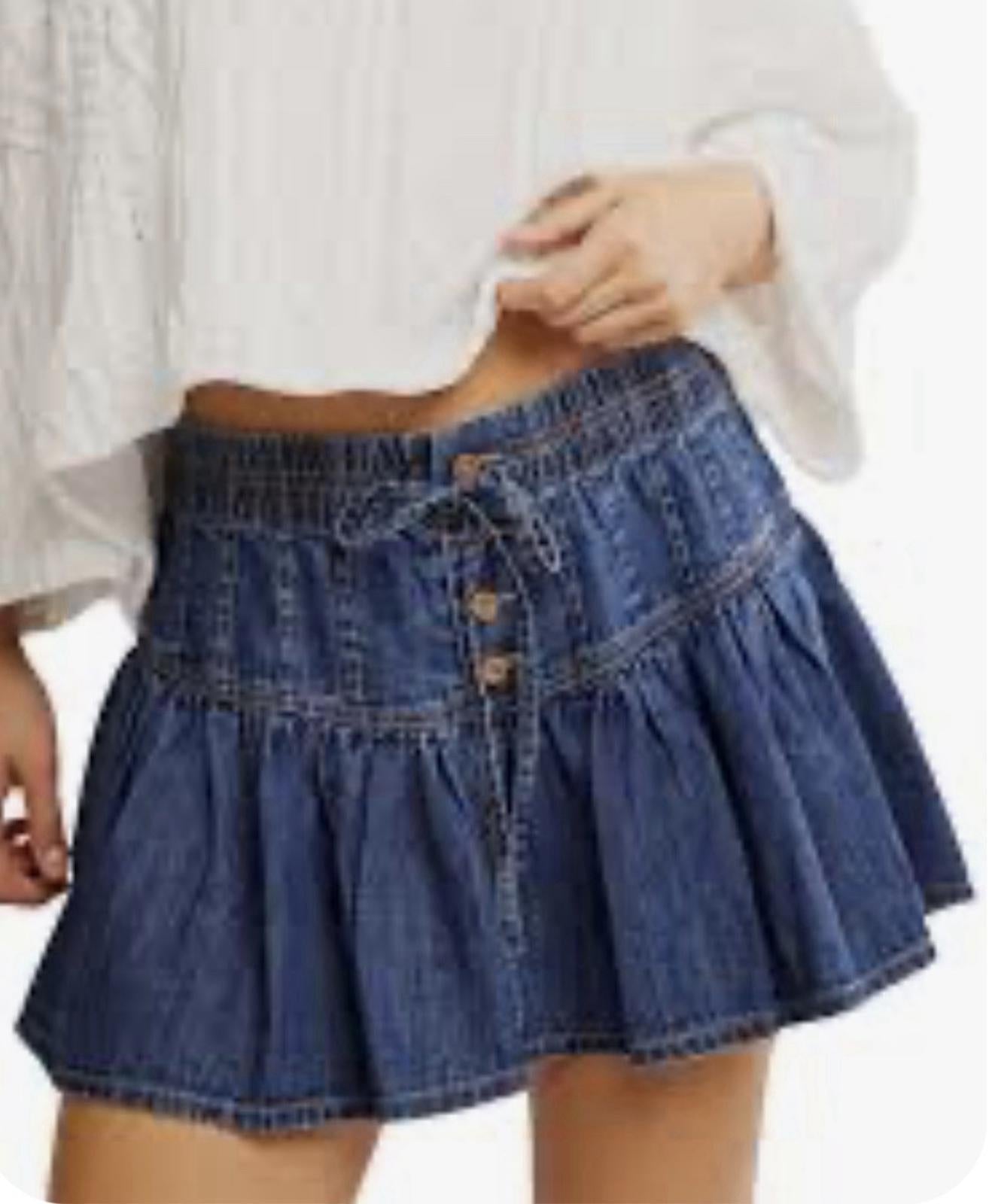 Free People We The Free Roselle Denim Mini Skirt Button Drawstring High Rise XS