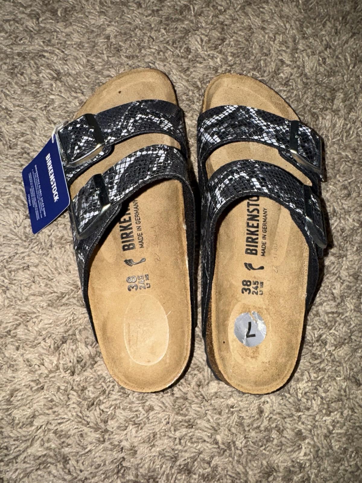 Birkenstock ARIZONA Birko-Flor Snake Print Slide Grey Sandals Women's 7 EUR 38