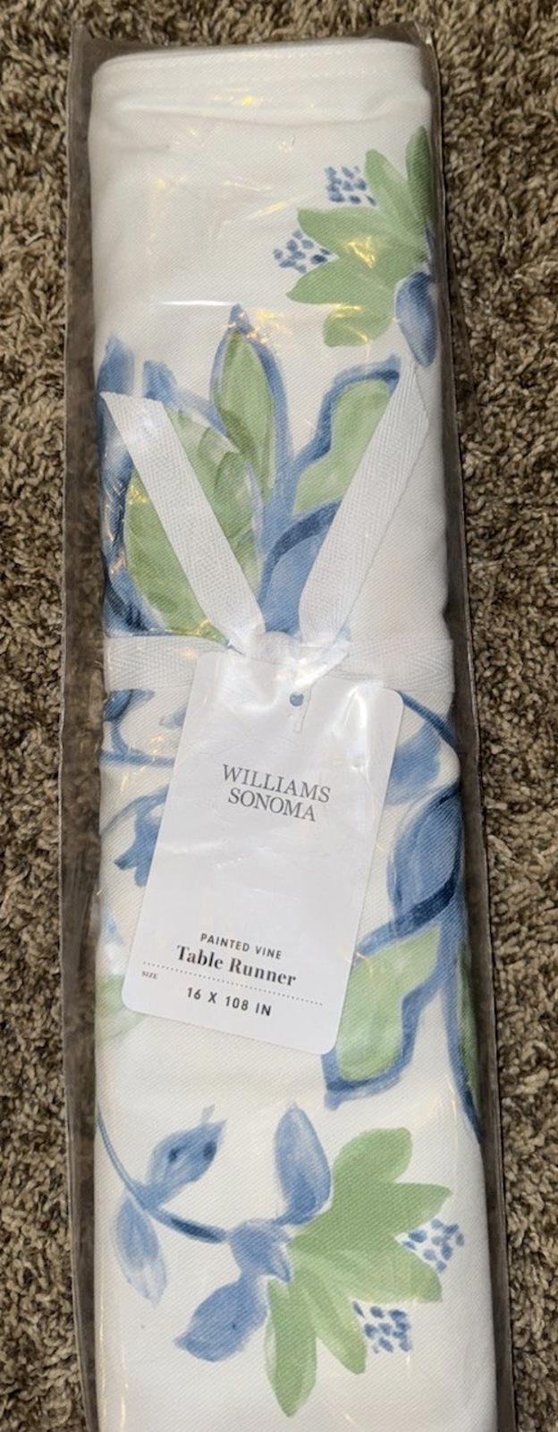 Williams Sonoma Painted Vine Table Runner Blue Green Berries Leaves 16” x 108”