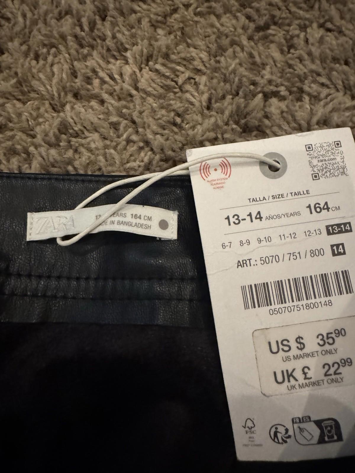 Zara Skirt Girls 13-14 Years Black Pleated Faux Leather Polyurethane Midi Youth