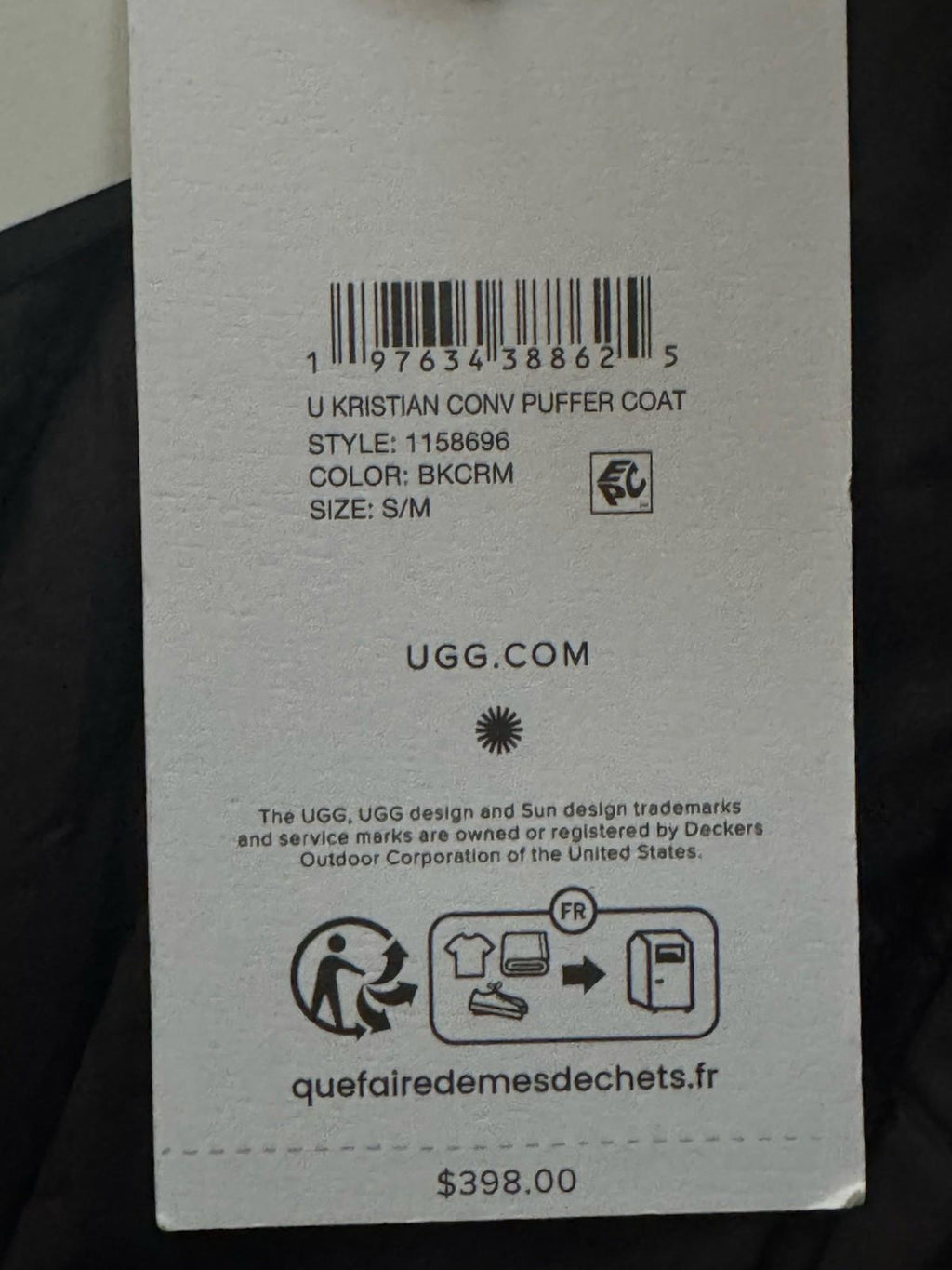 UGG Kristian Convertible Reversible Puffer Jacket Unisex Water Resistant S/M New