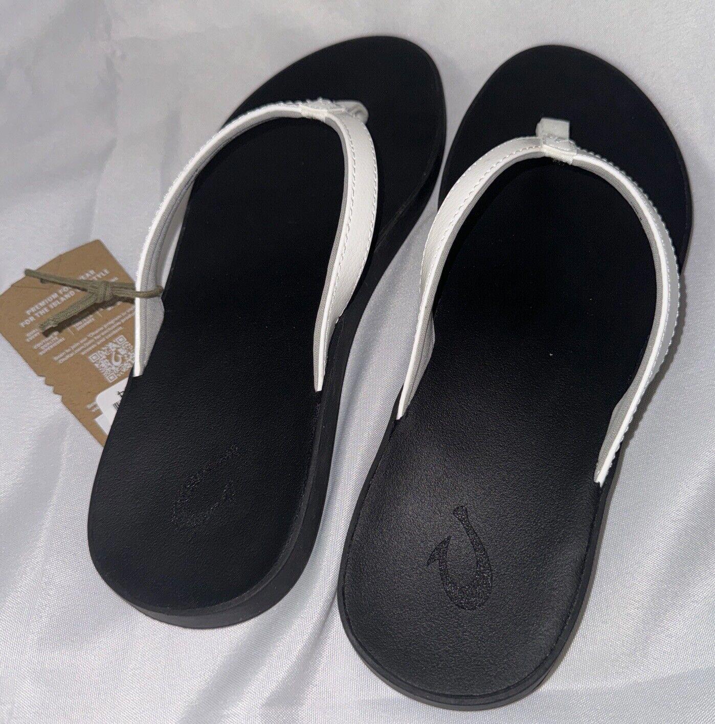 OluKai Puawe Women’s Beach Sandals- White/Black 20498-4R40 - Size 9