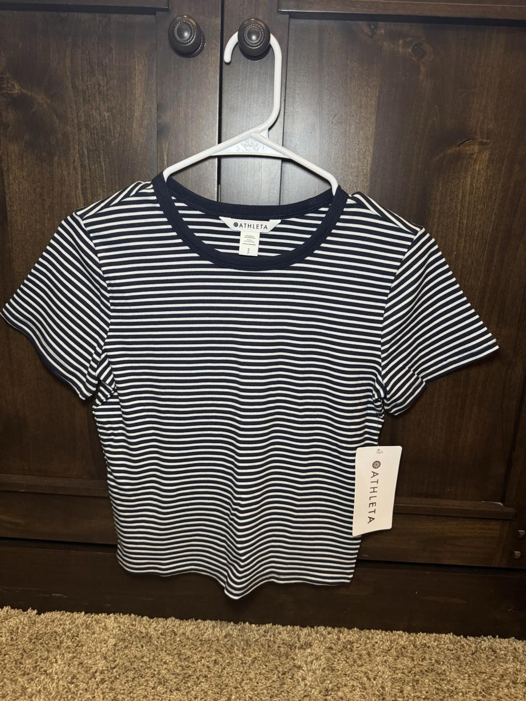 Athleta Signature Rib Crop Tee Sz S New $55 Martina Navy Stripe Short Knit Top