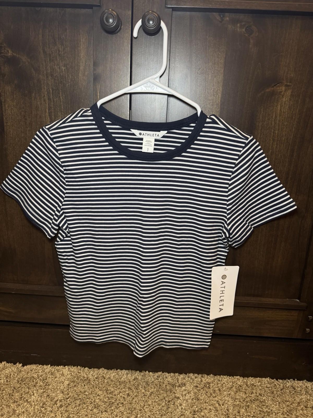 Athleta Signature Rib Crop Tee Sz S New $55 Martina Navy Stripe Short Knit Top
