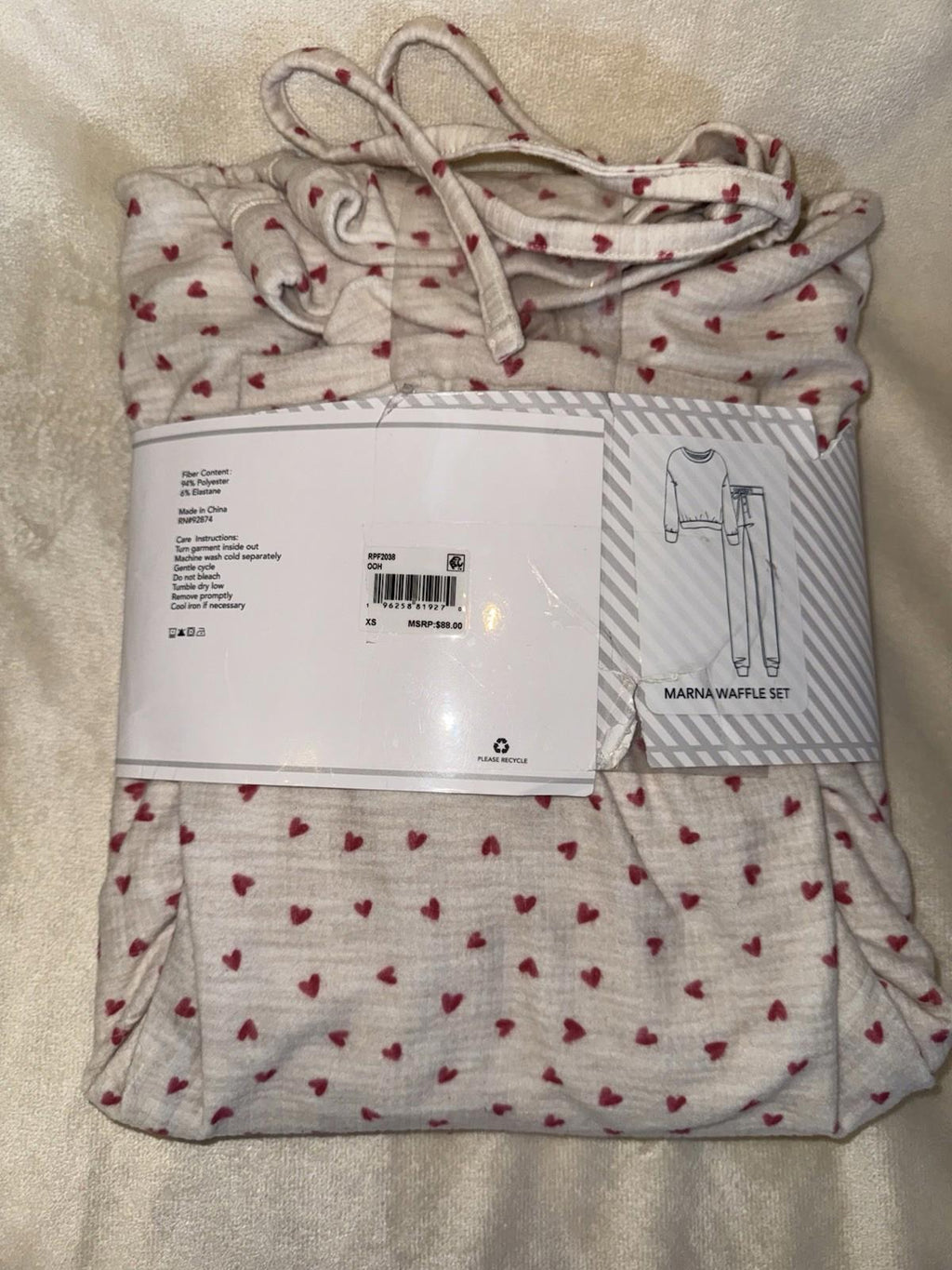 NEW Splendid 2-Piece Marna Waffle Pajama Set XS Tan & Red Hearts NWT $88