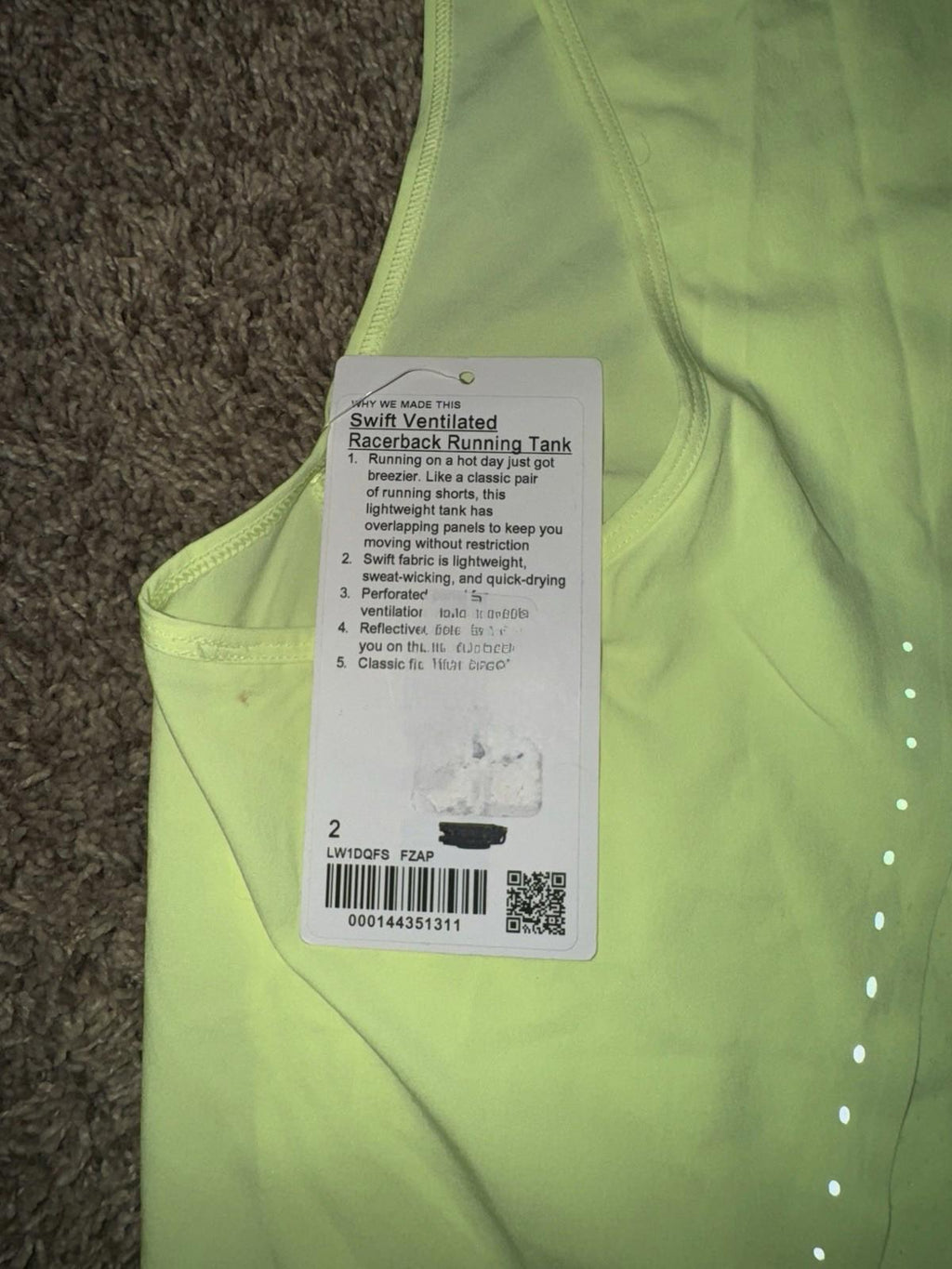 Lululemon Swift Ventilated Racerback running tank neon yellow. Size 2. NWT.