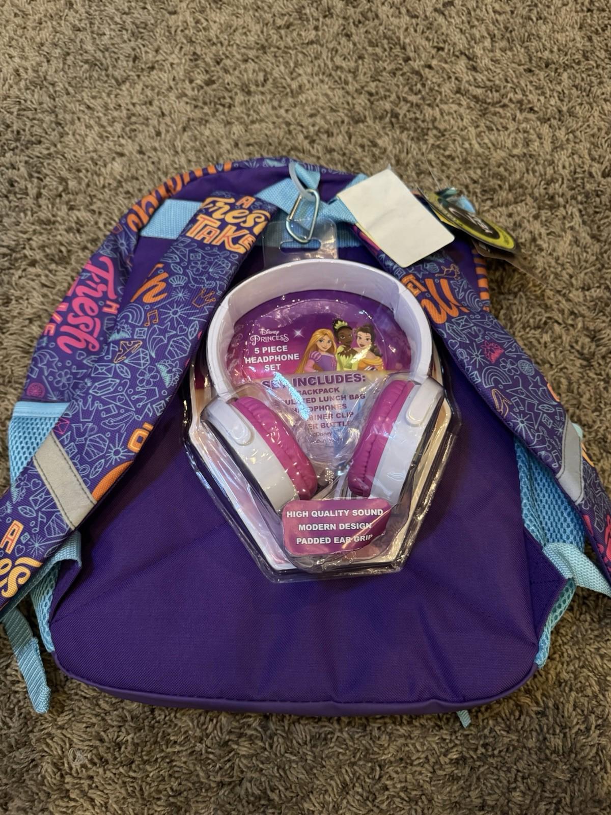NEW! Disney Princess Kids 16" Backpack & Lunchbox Set With Headphones
