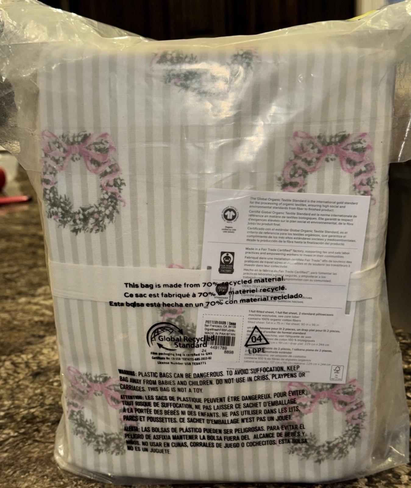 Pottery Barn Teen Georgia Wreath Organic Flannel Sheet Set. FULL NEW