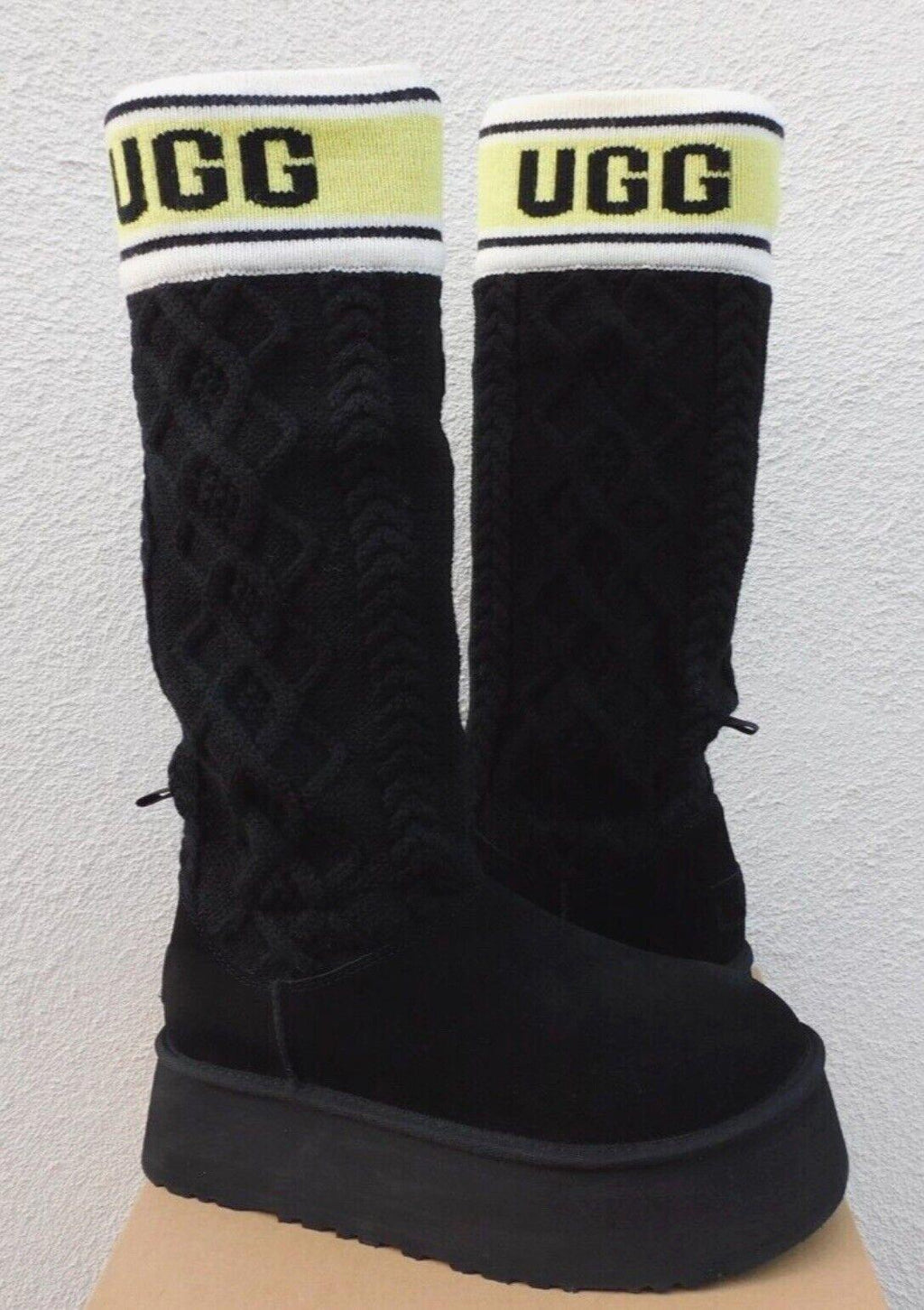 UGG Women Classic Sweater Letter Platform Black Boots Sz 9