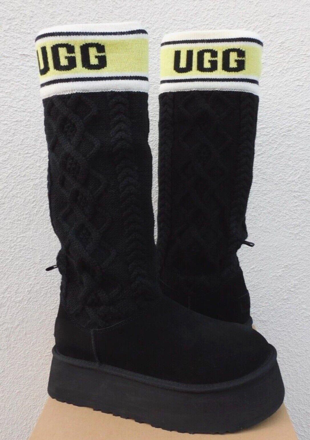 UGG Women Classic Sweater Letter Platform Black Boots Sz 9