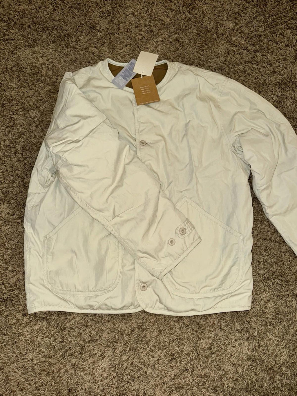 Annitude OSFM Buttonup Jacket Top Linen Mandarin Collar Pockets Womens Tan NEW