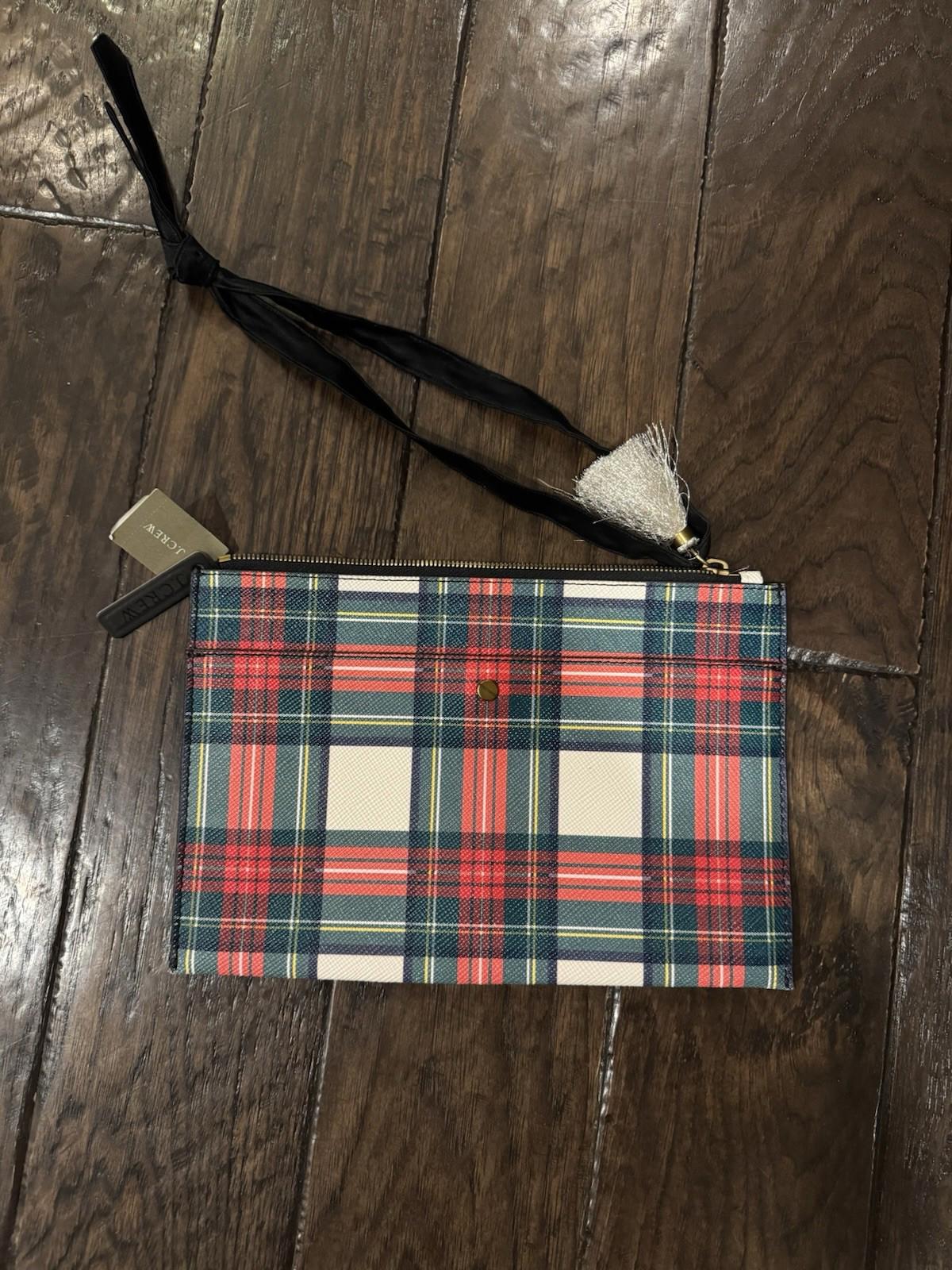 J. Crew Tartan Plaid Large Leather Pouch Clutch Bag