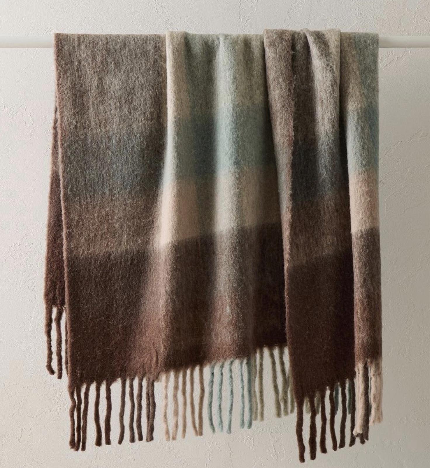 NEW West Elm Faux Mohair Framed Ombre Throw Blanket, 50 x 60 in Bordeaux