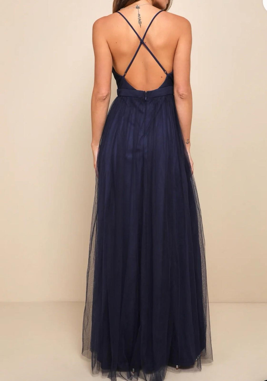 Lulus Rare Beauty Navy Blue Tulle Backless Maxi Dress M NEW!