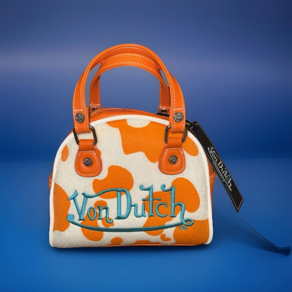 Von Dutch Orange Cow Print Bowling Bag Purse: NEW!